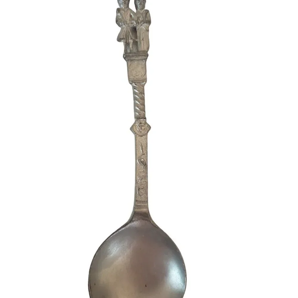 Pair Vintage Dutch Pewter Wedding Spoon Marriage Pilgrim William & Mary Holland